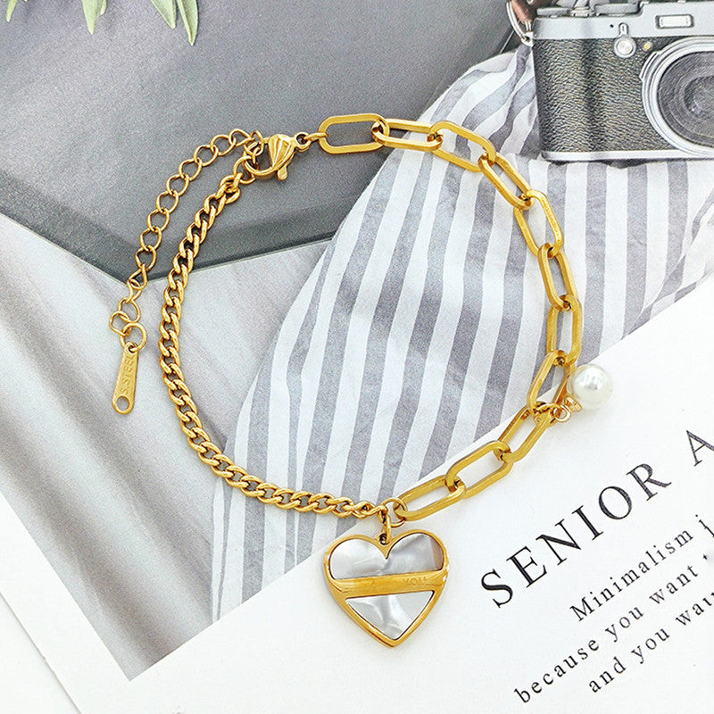 Gold-Plated Heart Charm Bracelet with Pearl Accent