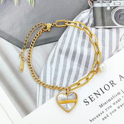 Gold-Plated Heart Charm Bracelet with Pearl Accent