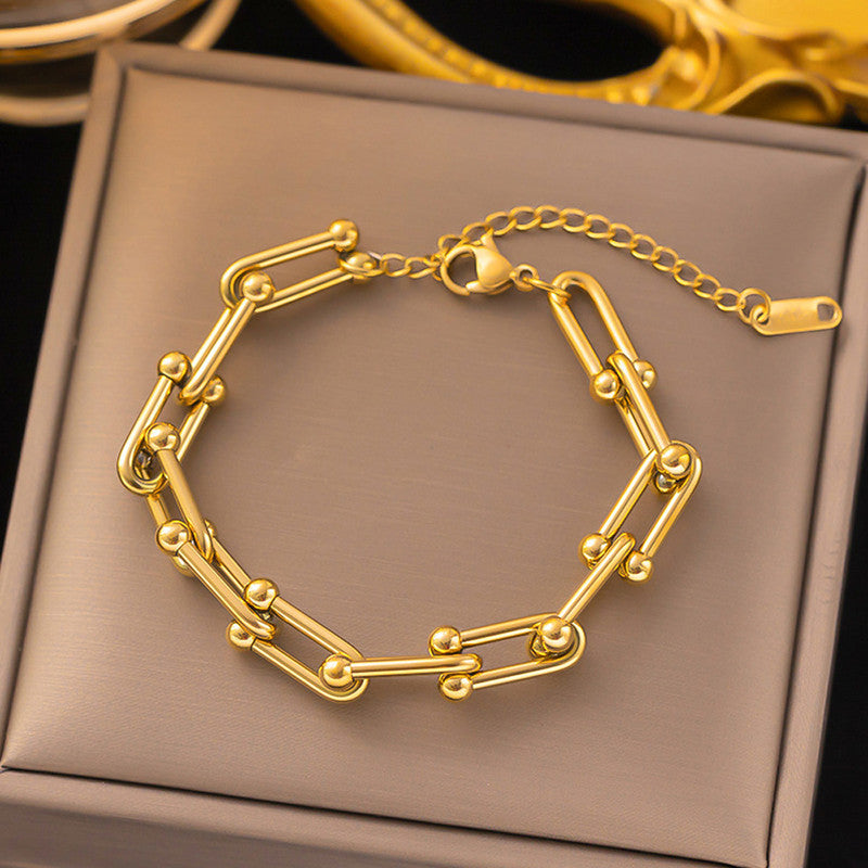 Gold-Plated Geometric Link Bracelet with Bead Accents