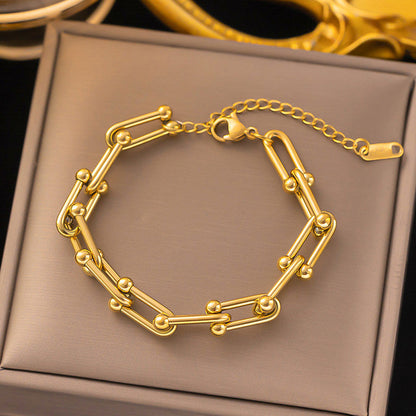 Gold-Plated Geometric Link Bracelet with Bead Accents