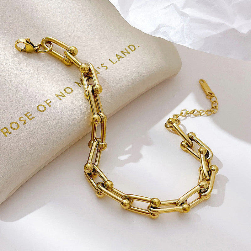 Gold-Plated Geometric Link Bracelet with Bead Accents