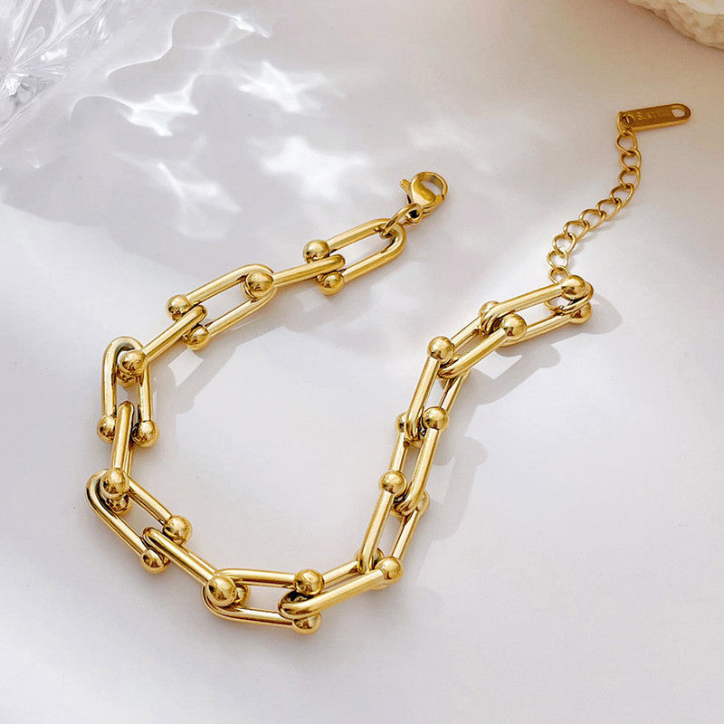 Gold-Plated Geometric Link Bracelet with Bead Accents