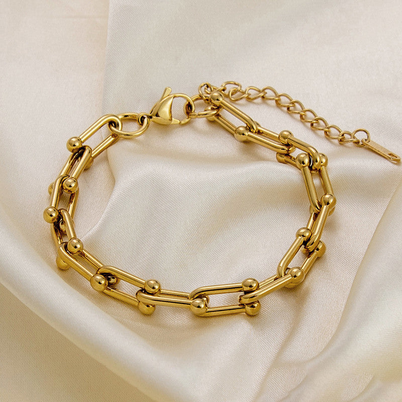 Gold-Plated Geometric Link Bracelet with Bead Accents