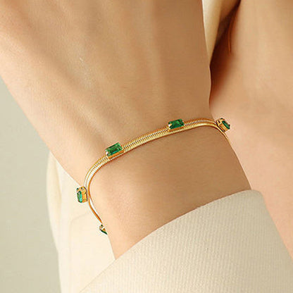 Gold-Plated Snake Chain Bracelet with Green Crystal Accents