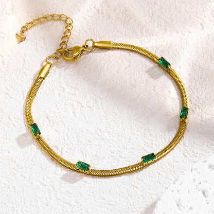 Gold-Plated Snake Chain Bracelet with Green Crystal Accents