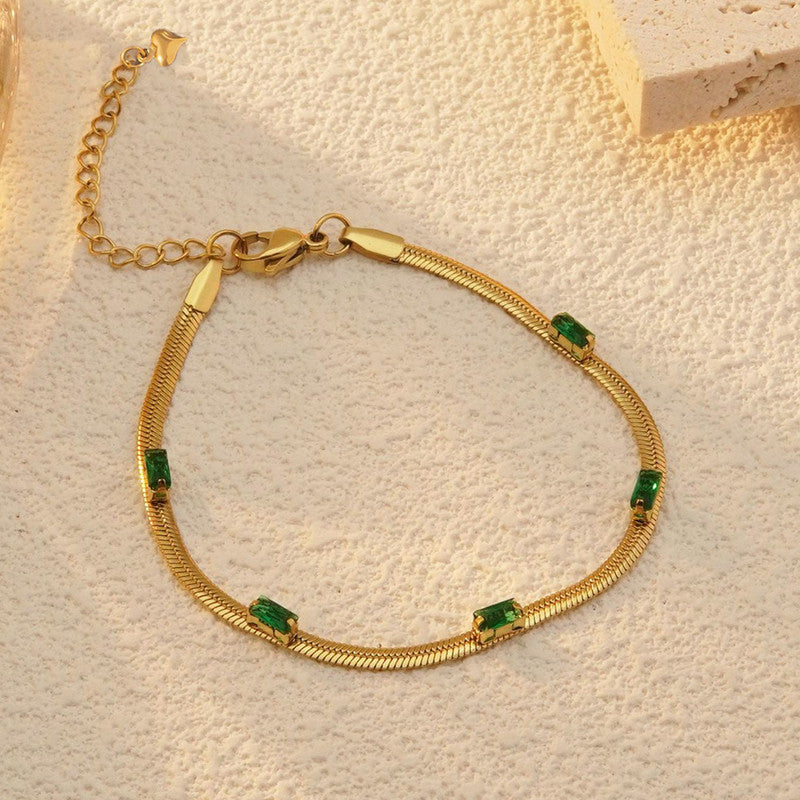 Gold-Plated Snake Chain Bracelet with Green Crystal Accents