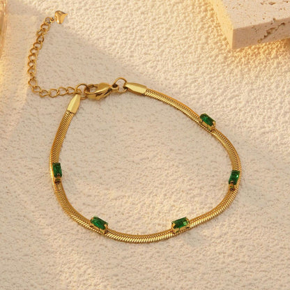 Gold-Plated Snake Chain Bracelet with Green Crystal Accents