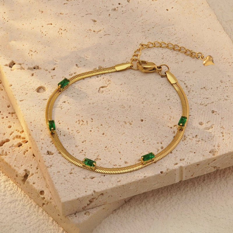 Gold-Plated Snake Chain Bracelet with Green Crystal Accents