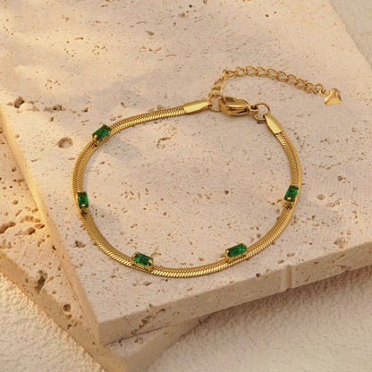 Gold-Plated Snake Chain Bracelet with Green Crystal Accents