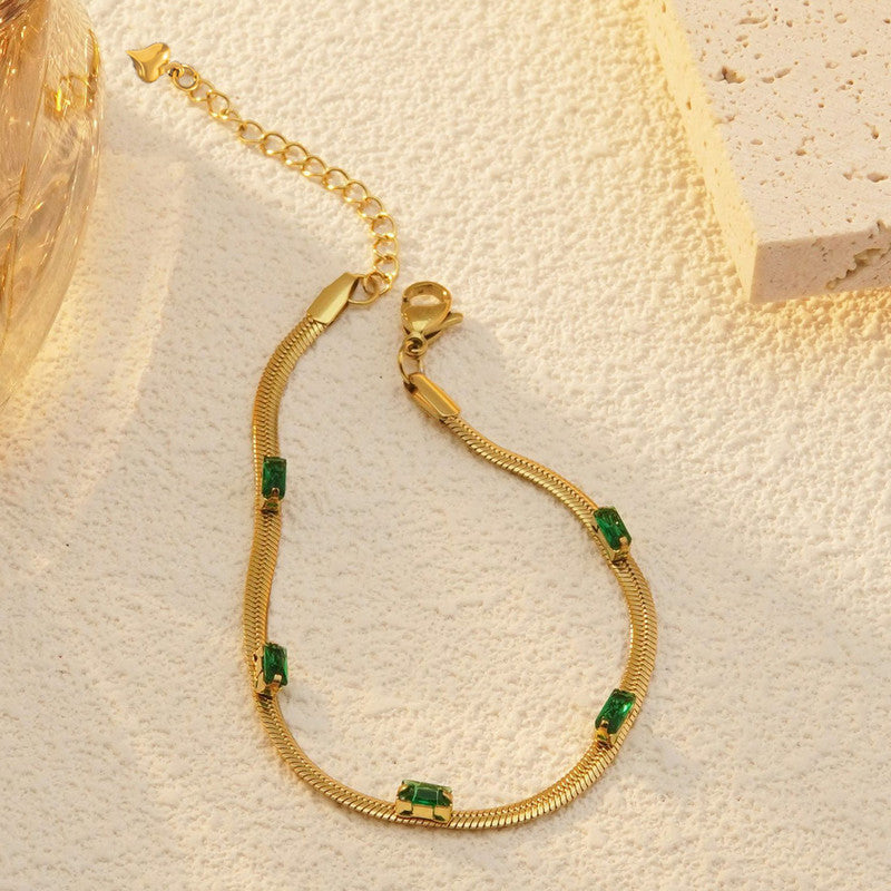 Gold-Plated Snake Chain Bracelet with Green Crystal Accents