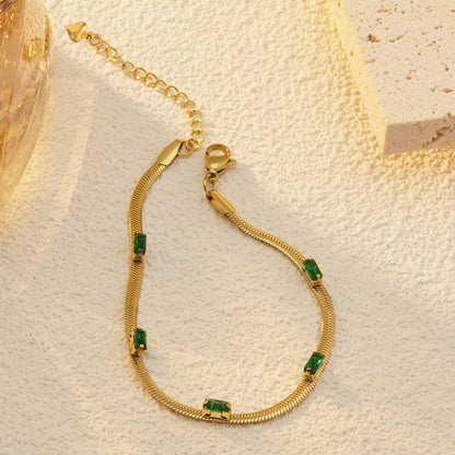 Gold-Plated Snake Chain Bracelet with Green Crystal Accents
