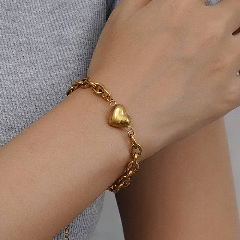 Gold-Plated Chunky Chain Bracelet with Heart Charm