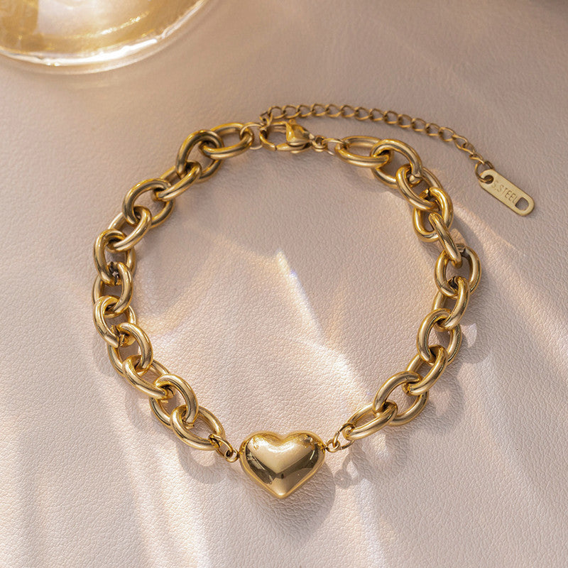 Gold-Plated Chunky Chain Bracelet with Heart Charm