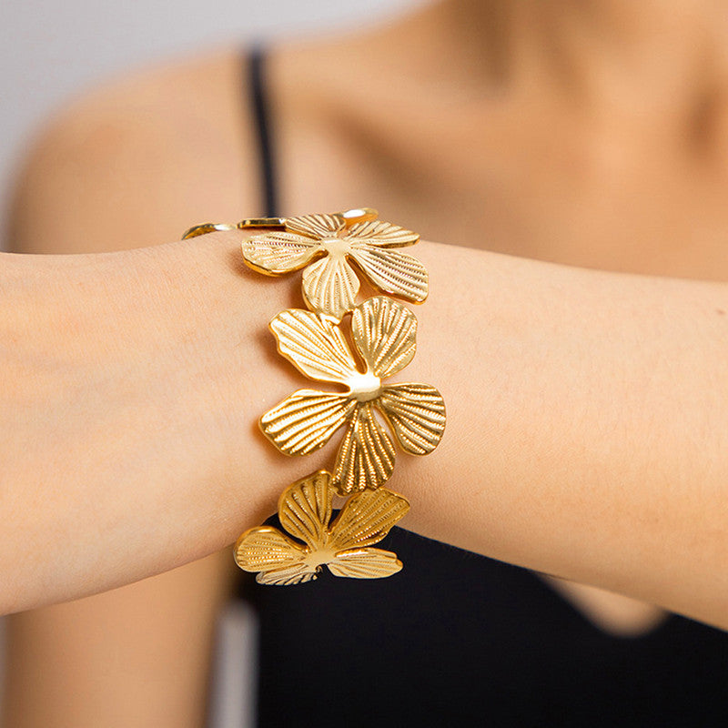 Gold Flower Statement Cuff Bracelet for Women