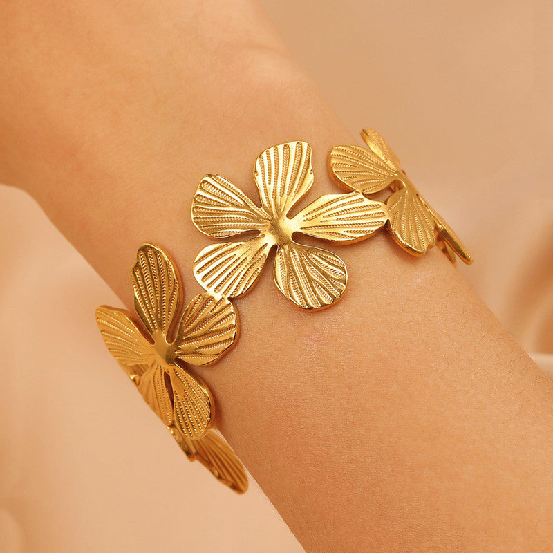 Gold Flower Statement Cuff Bracelet for Women