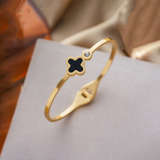 Gold-Plated Black Clover Minimal Bracelet with Crystal Accent | Anti-Tarnish Stainless Steel Openable Cuff