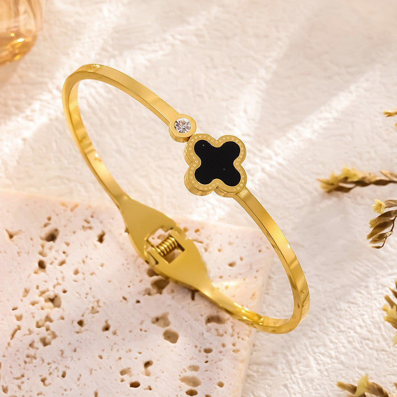 Gold-Plated Black Clover Minimal Bracelet with Crystal Accent | Anti-Tarnish Stainless Steel Openable Cuff