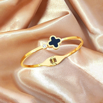 Gold-Plated Black Clover Minimal Bracelet with Crystal Accent | Anti-Tarnish Stainless Steel Openable Cuff