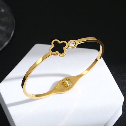 Gold-Plated Black Clover Minimal Bracelet with Crystal Accent | Anti-Tarnish Stainless Steel Openable Cuff