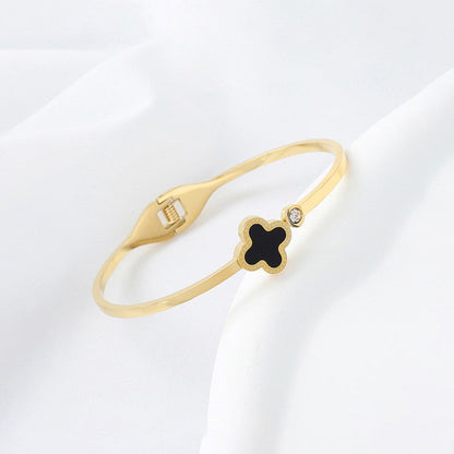 Gold-Plated Black Clover Minimal Bracelet with Crystal Accent | Anti-Tarnish Stainless Steel Openable Cuff