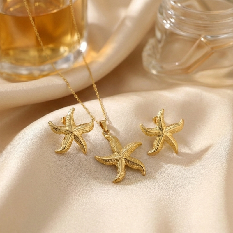 Gold-Plated Starfish Pendant Necklace with Matching Earrings