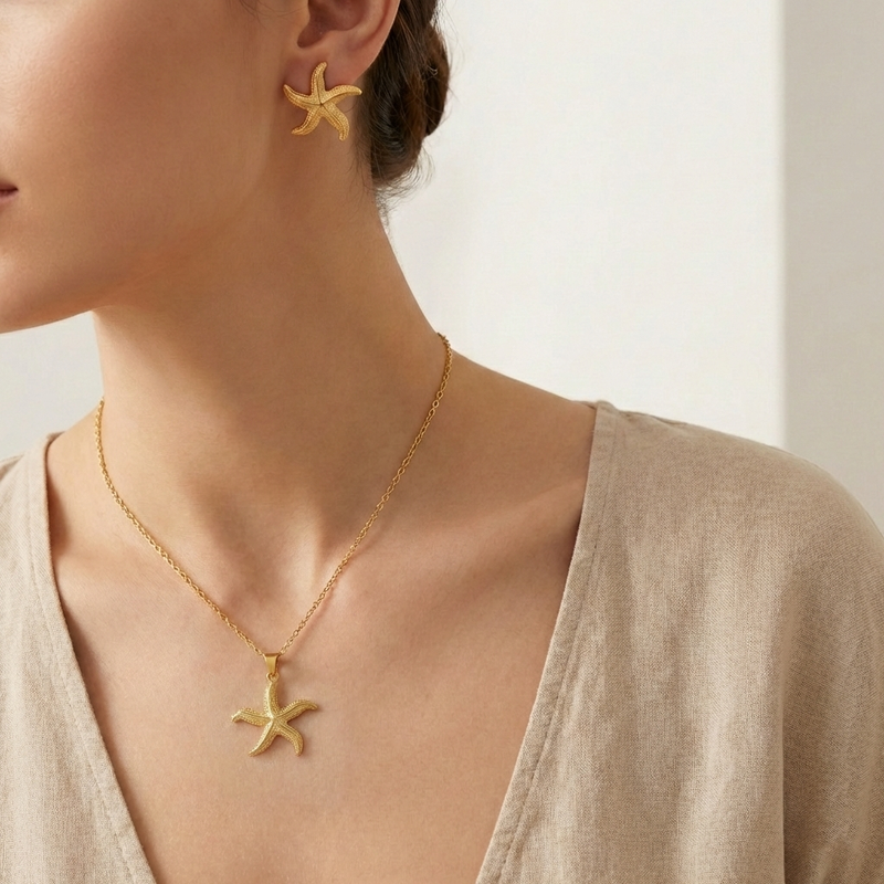 Gold-Plated Starfish Pendant Necklace with Matching Earrings