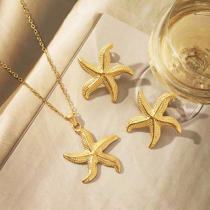 Gold-Plated Starfish Pendant Necklace with Matching Earrings