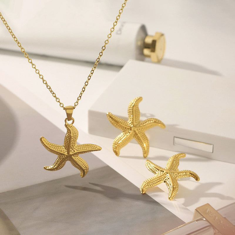 Gold-Plated Starfish Pendant Necklace with Matching Earrings