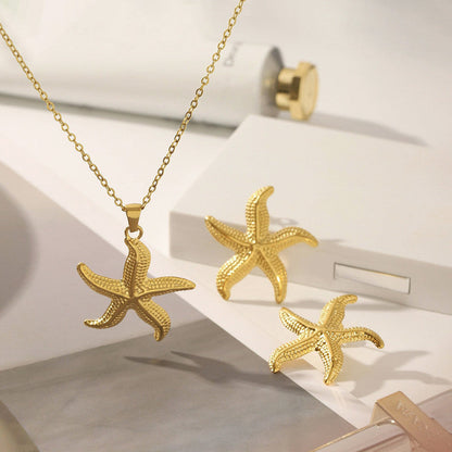 Gold-Plated Starfish Pendant Necklace with Matching Earrings