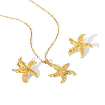 Gold-Plated Starfish Pendant Necklace with Matching Earrings