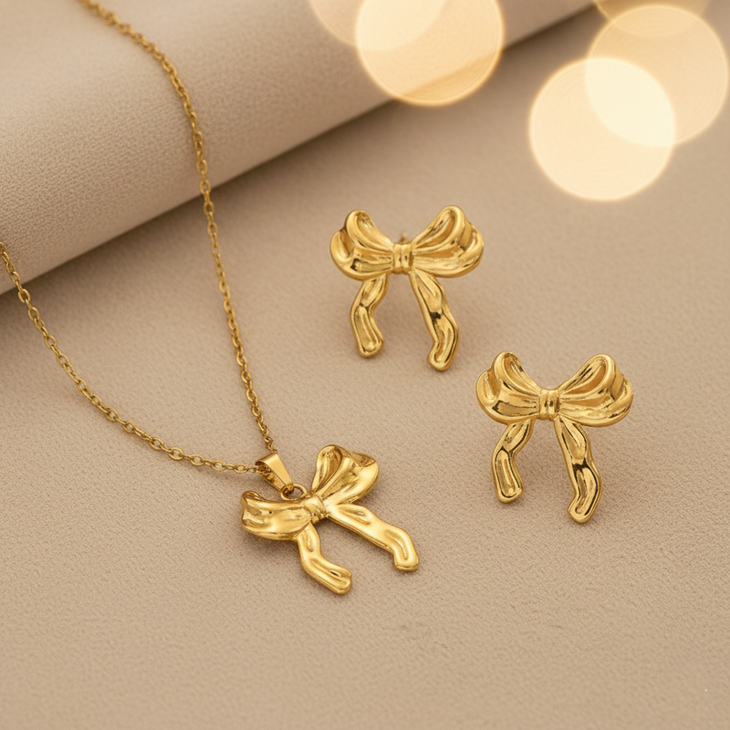 Gold-Plated Bow Pendant Necklace with Matching Earrings