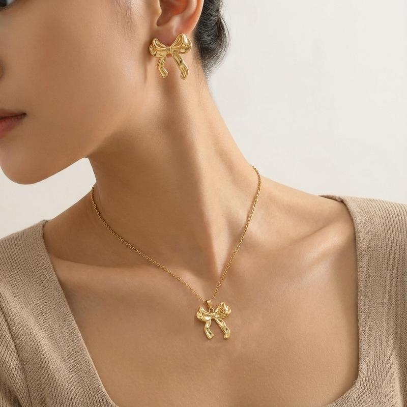 Gold-Plated Bow Pendant Necklace with Matching Earrings