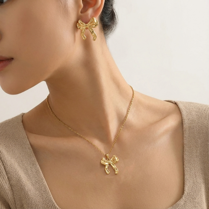 Gold-Plated Bow Pendant Necklace with Matching Earrings