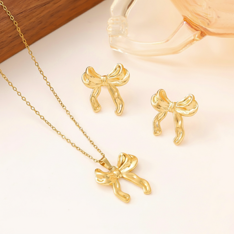 Gold-Plated Bow Pendant Necklace with Matching Earrings