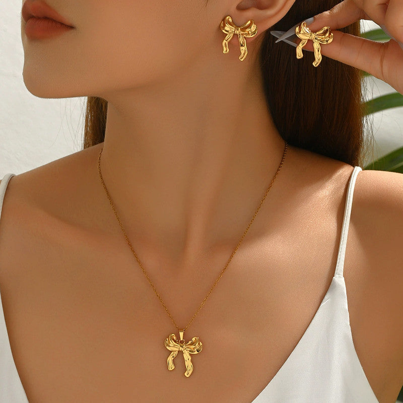 Gold-Plated Bow Pendant Necklace with Matching Earrings