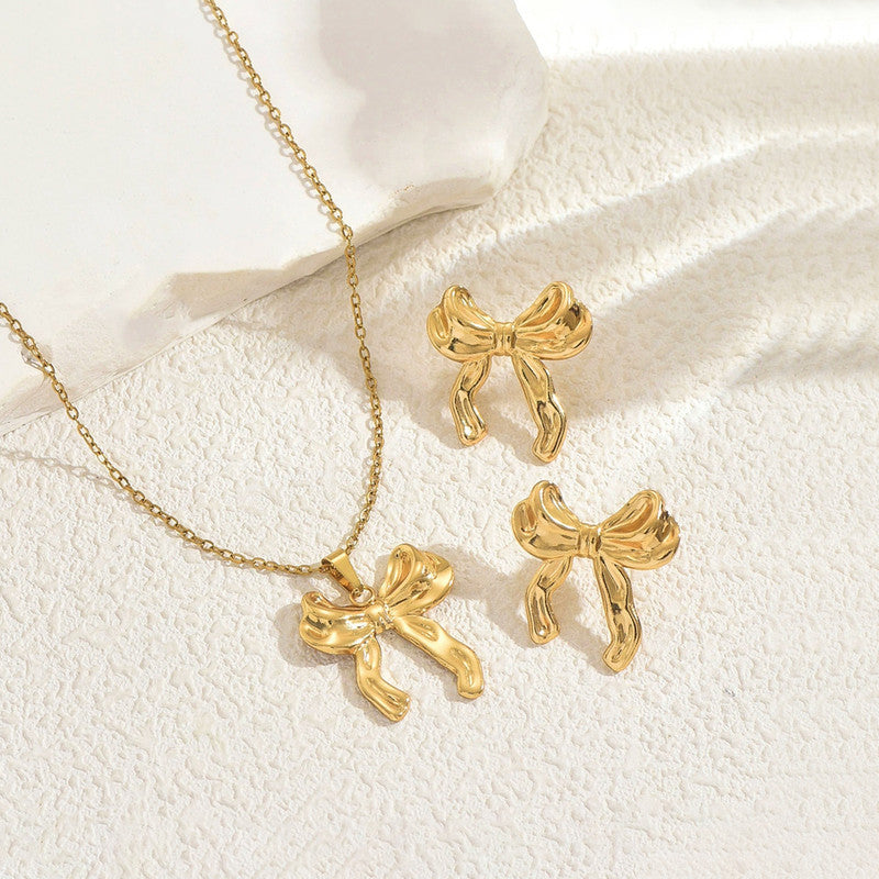 Gold-Plated Bow Pendant Necklace with Matching Earrings