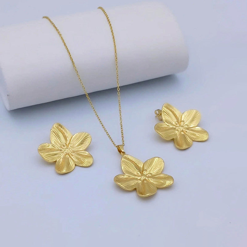 Minimal Gold Flower Necklace & Earrings Set | Stainless Steel Anti-Tarnish Women’s Combo