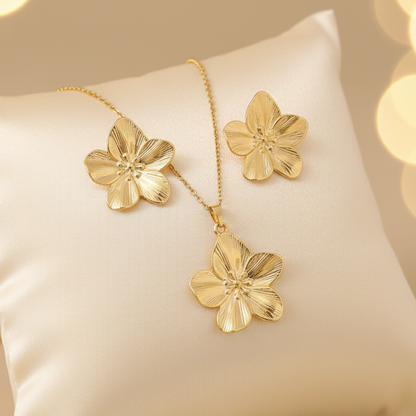 Minimal Gold Flower Necklace & Earrings Set | Stainless Steel Anti-Tarnish Women’s Combo