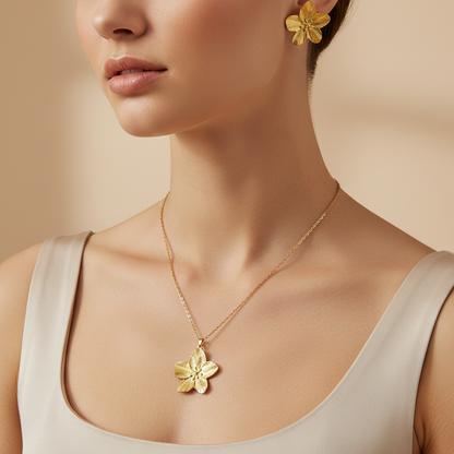 Minimal Gold Flower Necklace & Earrings Set | Stainless Steel Anti-Tarnish Women’s Combo