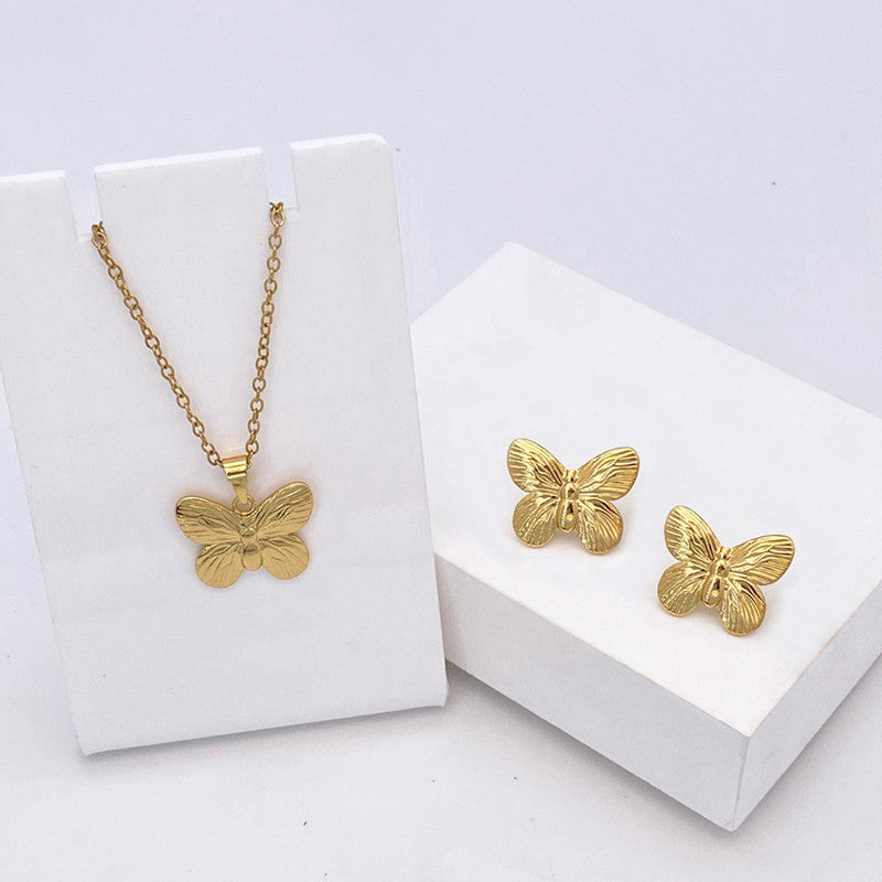 Gold-Plated Butterfly Pendant Necklace with Matching Earrings | Anti-Tarnish Stainless Steel Jewelry Set