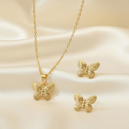 Gold-Plated Butterfly Pendant Necklace with Matching Earrings | Anti-Tarnish Stainless Steel Jewelry Set