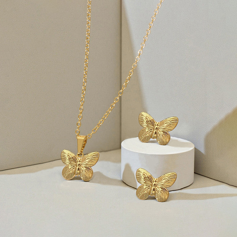 Gold-Plated Butterfly Pendant Necklace with Matching Earrings | Anti-Tarnish Stainless Steel Jewelry Set