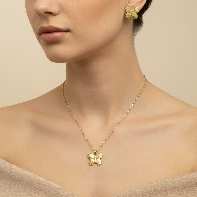 Gold-Plated Butterfly Pendant Necklace with Matching Earrings | Anti-Tarnish Stainless Steel Jewelry Set