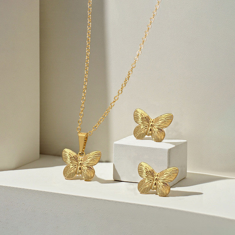 Gold-Plated Butterfly Pendant Necklace with Matching Earrings | Anti-Tarnish Stainless Steel Jewelry Set