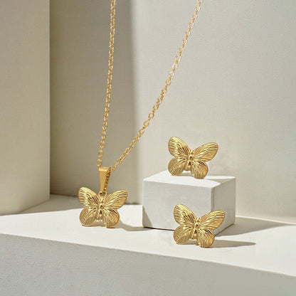 Gold-Plated Butterfly Pendant Necklace with Matching Earrings | Anti-Tarnish Stainless Steel Jewelry Set
