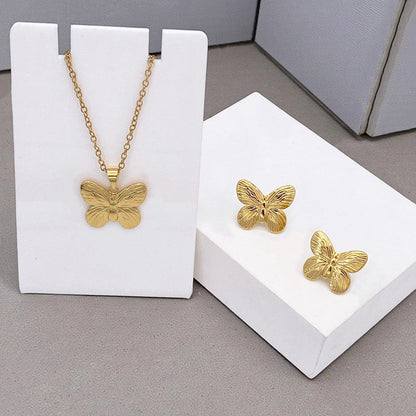 Gold-Plated Butterfly Pendant Necklace with Matching Earrings | Anti-Tarnish Stainless Steel Jewelry Set