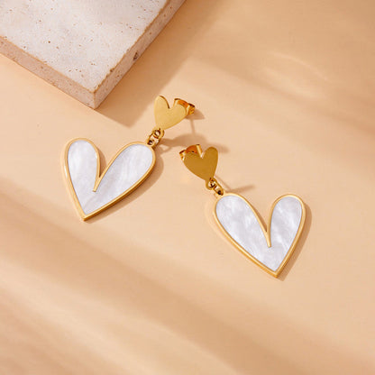 Gold-Plated Double Heart Drop Earrings with Pearl Inlay