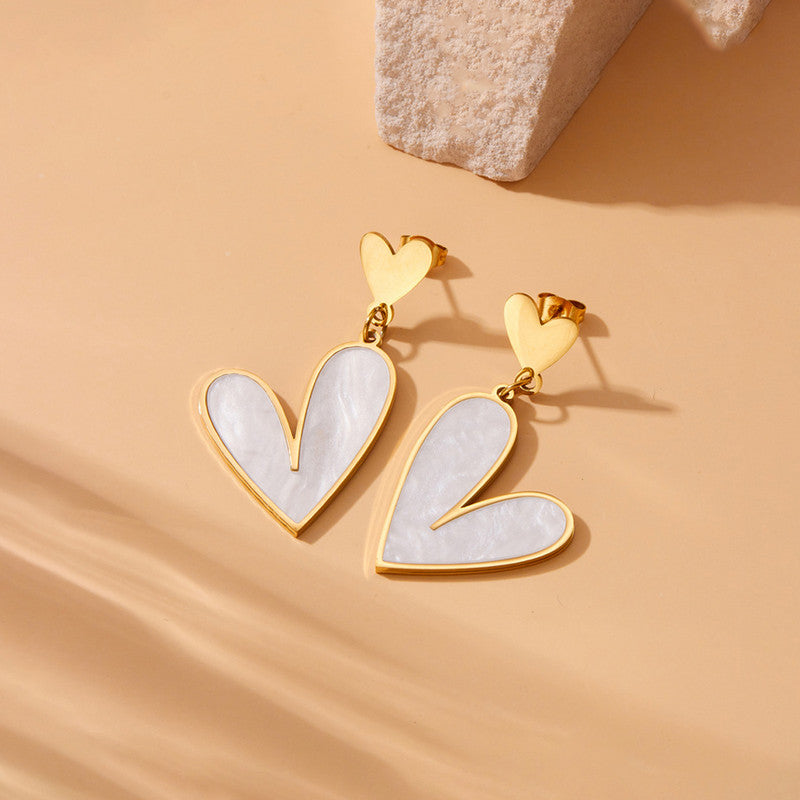Gold-Plated Double Heart Drop Earrings with Pearl Inlay