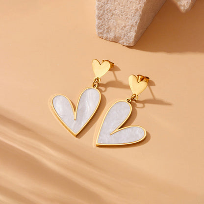 Gold-Plated Double Heart Drop Earrings with Pearl Inlay