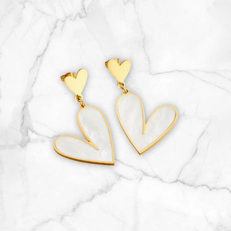 Gold-Plated Double Heart Drop Earrings with Pearl Inlay